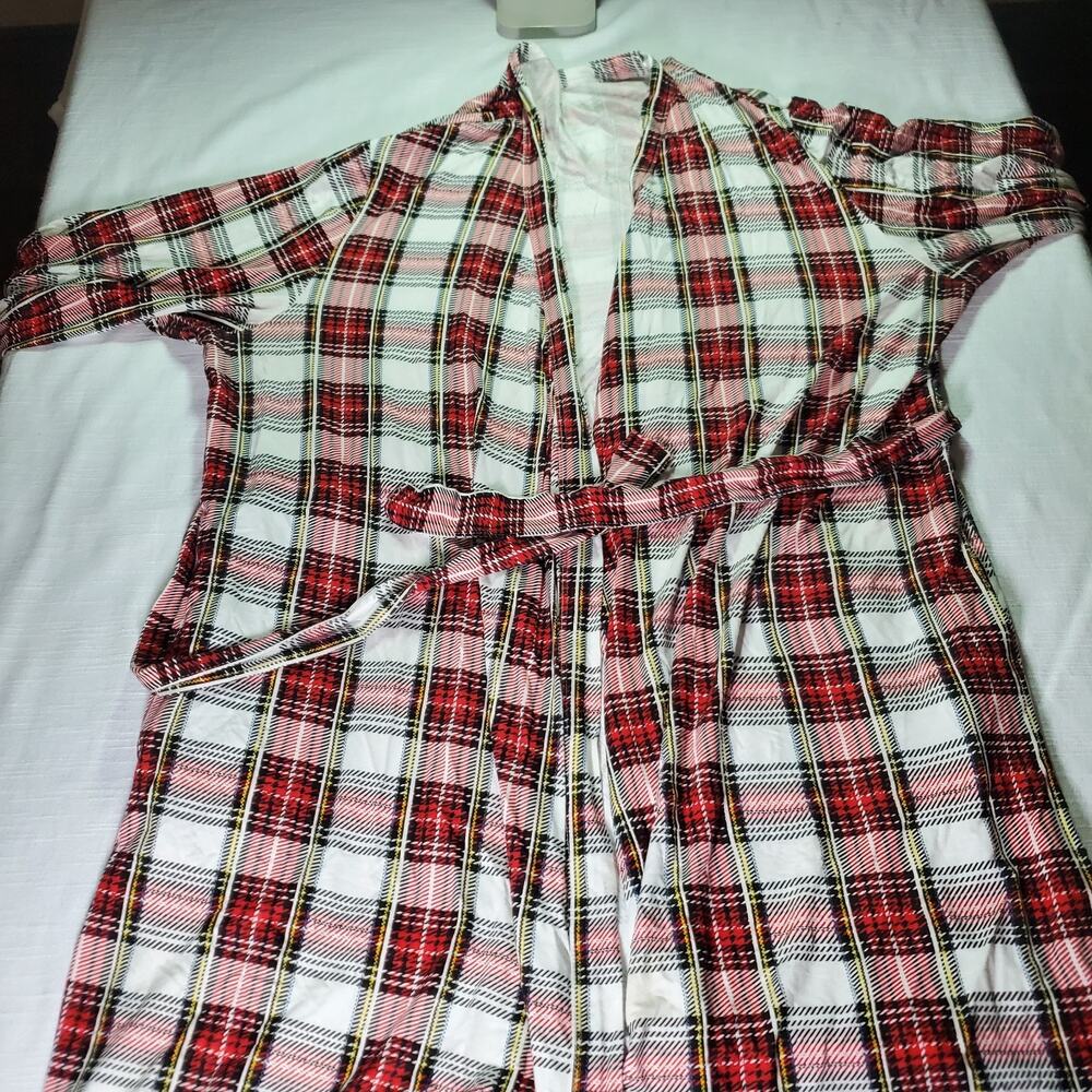 Womens Plaid Robe Size L Large Red White Bathrobe Housecoat Fleece Wrap Belted